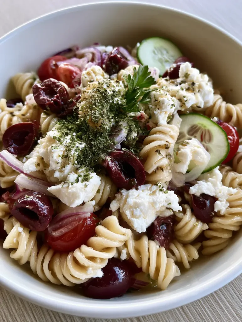 Greek Olive Pasta Salad served in a shallow white bowl on a wooden tabletop in soft daylight.