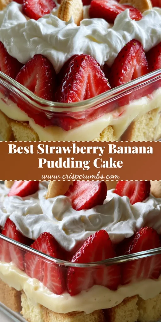 Strawberry Banana Shortcake Pudding Cake: The Ultimate Layered Dessert 4 A top-down view of a Strawberry Banana Shortcake Pudding Cake garnished with whole vanilla wafers and halved fresh strawberries.