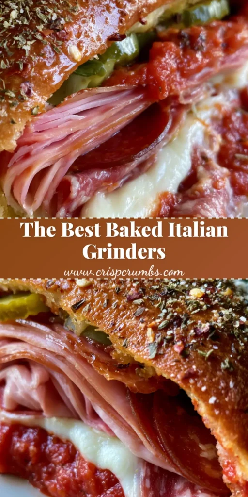 A stack of sliced Baked Italian Grinder Sandwiches showing layers of ham, pepperoni, and melted mozzarella on an herb-crusted roll.