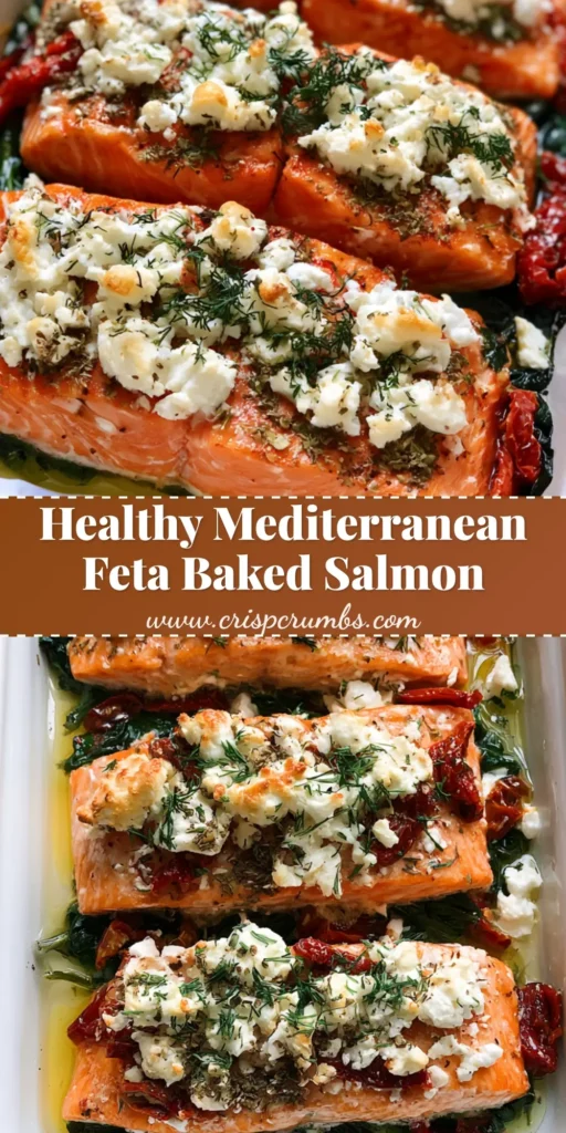 A overhead view of Mediterranean Baked Salmon in a ceramic dish with toasted feta, spinach, and sun-dried tomatoes.