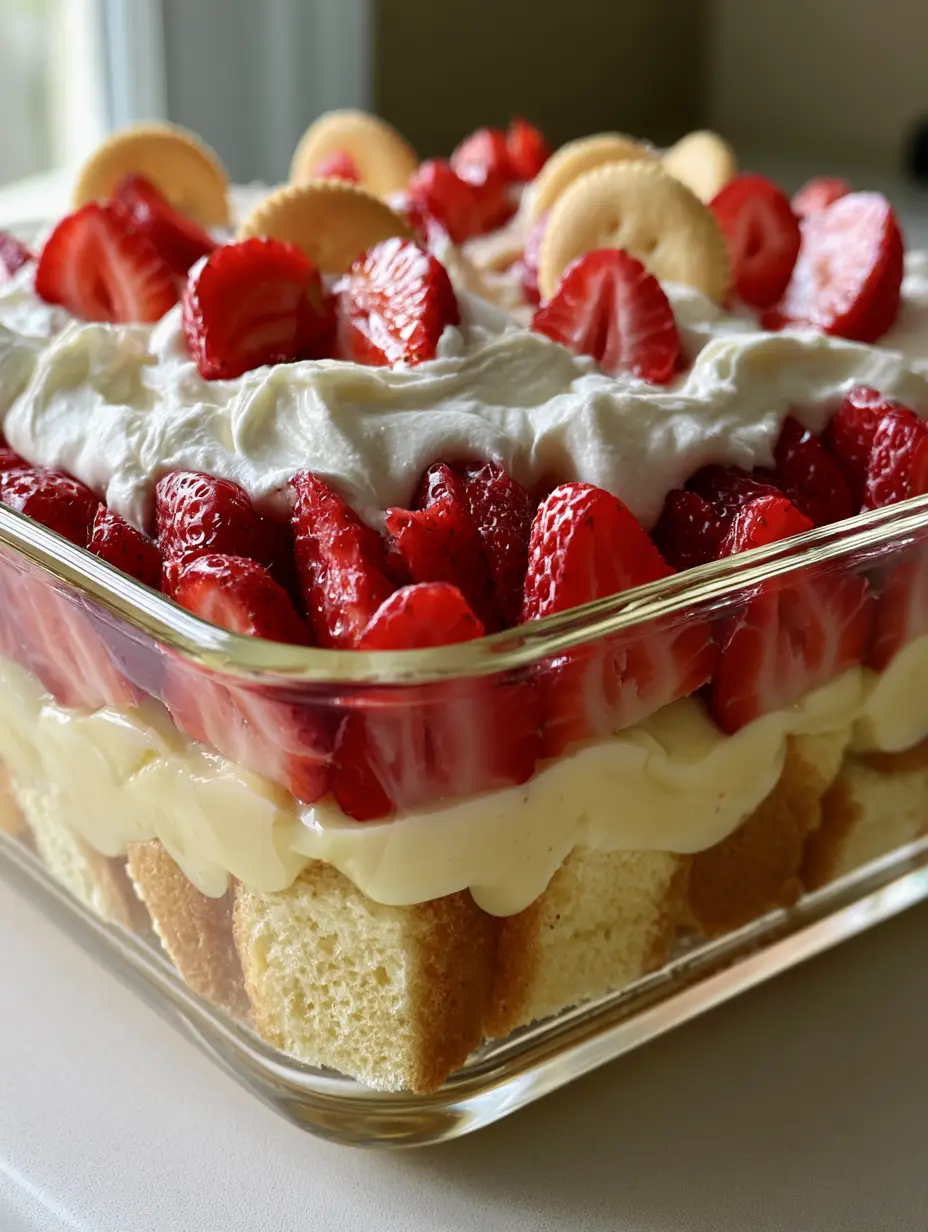Strawberry Banana Shortcake Pudding Cake: The Ultimate Layered Dessert 3 Side view of a Strawberry Banana Shortcake Pudding Cake in a glass dish showing layers of sponge cake, banana pudding, and sliced strawberries.