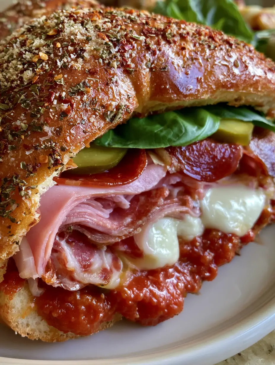 A close-up smartphone photo of a Baked Italian Grinder Sandwich on a white plate, highlighting the glossy golden-brown crust and fresh basil.