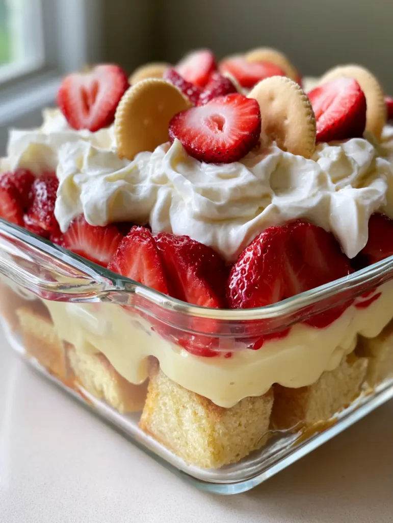 Strawberry Banana Shortcake Pudding Cake: The Ultimate Layered Dessert 1 A close-up of the thick textured whipped cream and vanilla wafer topping on a Strawberry Banana Shortcake Pudding Cake.
