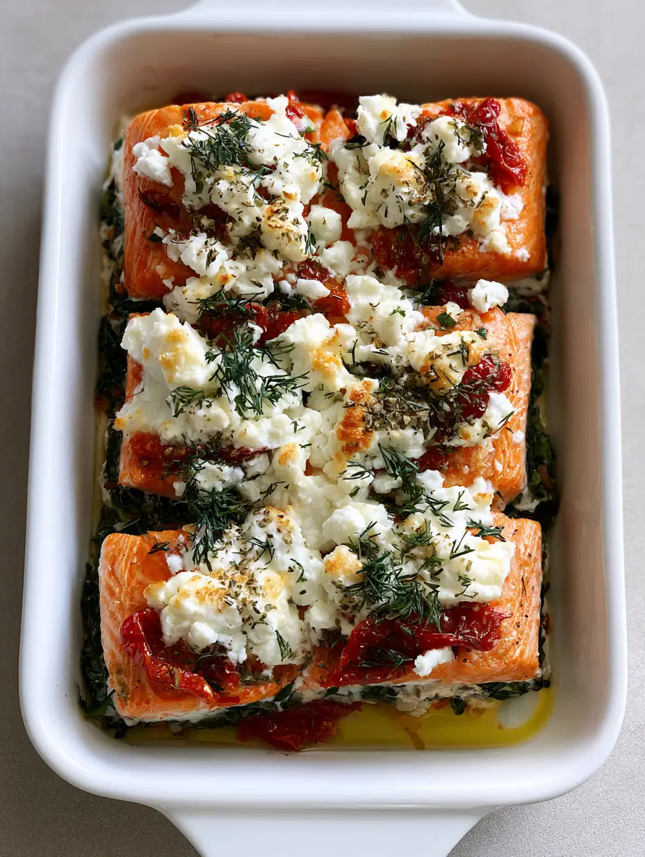 Close up of four Atlantic salmon fillets baked with sun-dried tomatoes and wilted spinach. (Mediterranean Baked Salmon)