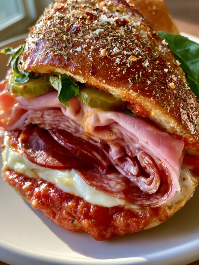 Detailed view of the melted mozzarella and pepperoni rounds inside a Baked Italian Grinder Sandwich.
