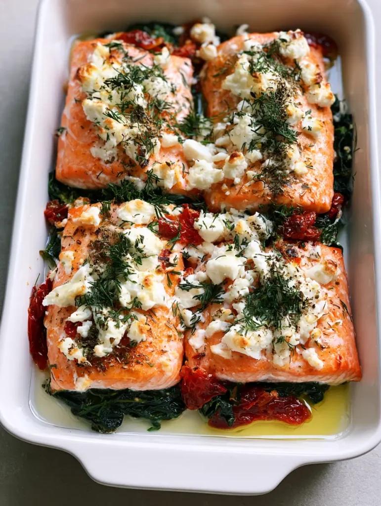 Top-down view of Mediterranean Baked Salmon in a white dish showing olive oil and juices at the base.