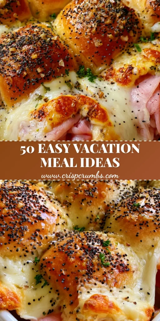 A top-down shot of golden-brown ham and Swiss sliders in a baking dish, illustrating easy vacation meals.