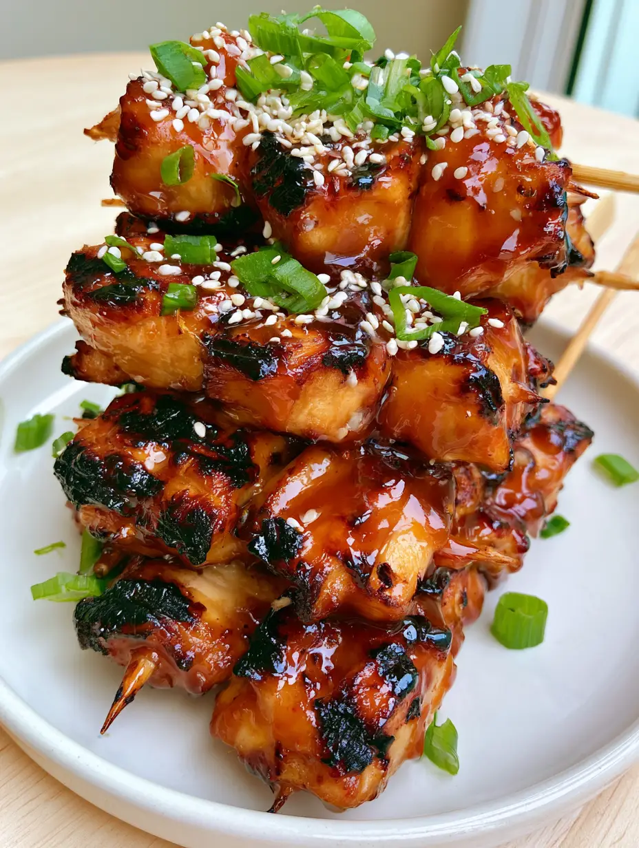 Honey Garlic Chicken Skewers: The Ultimate Recipe for Sticky, Charred Perfection 3 Close-up smartphone photo of three honey garlic chicken skewers with green scallions and sesame seeds. (Honey Garlic Chicken Skewers)