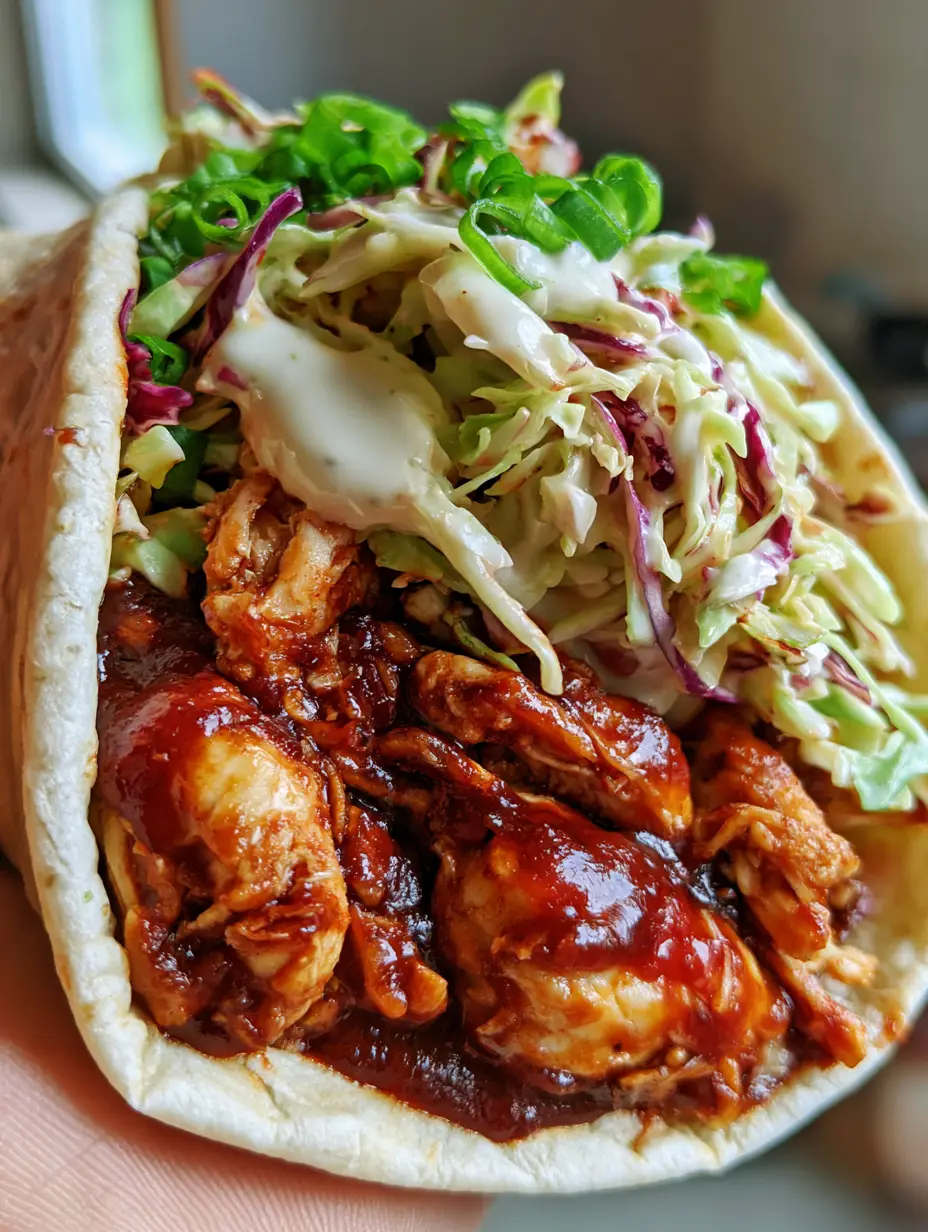 A handheld smartphone photo of a soft flour tortilla wrap showing layers of glossy BBQ shredded chicken and creamy purple and green cabbage slaw. (BBQ Chicken Coleslaw Wraps)