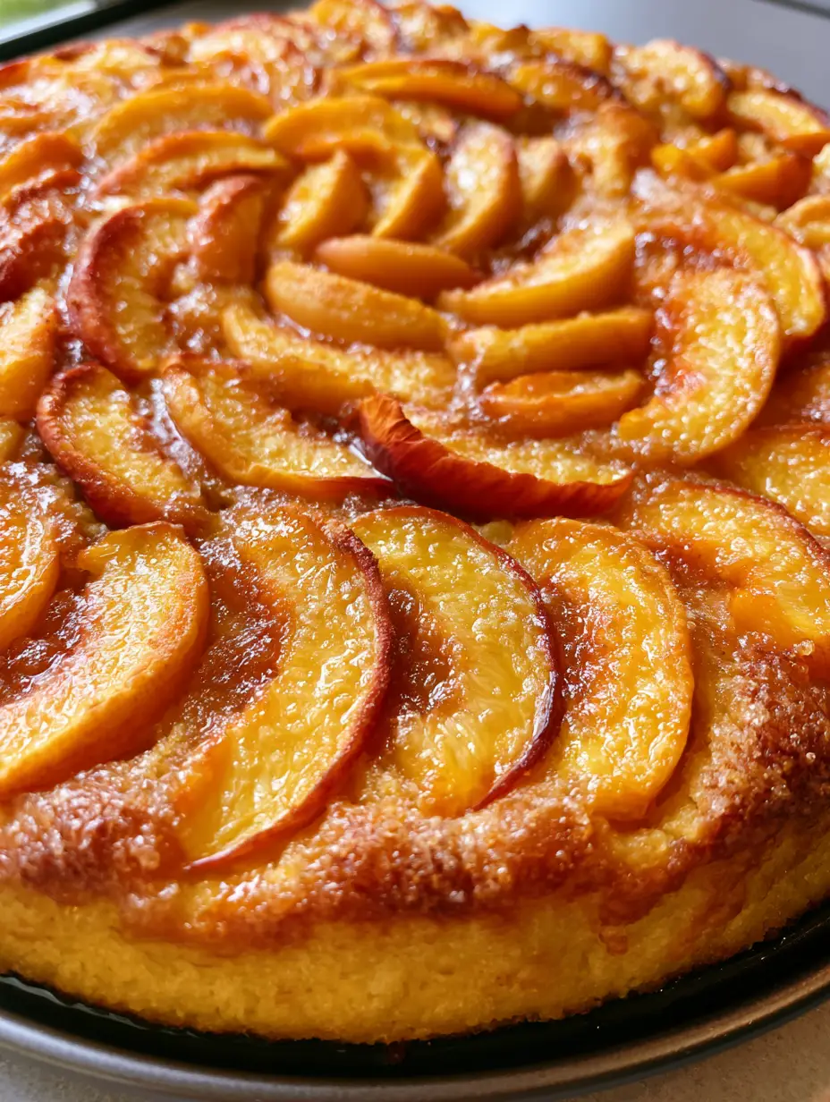 Fresh Peach Cake: A Rustic Summer Masterpiece with Golden Crumbs and Sliced Stone Fruit 3 Close-up of a Fresh Peach Cake showing the tender yellow crumb and overlapping circular pattern of soft, translucent peaches.