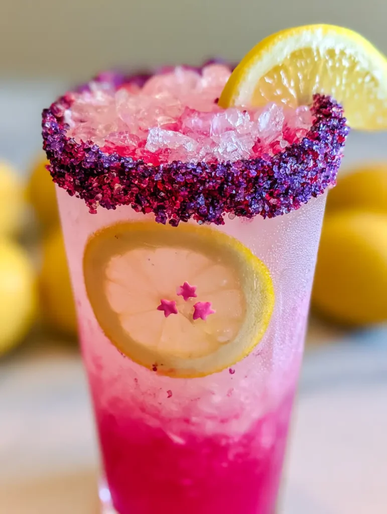A close up of the purple and magenta sanding sugar rim on a glass of Unicorn Lemonade.