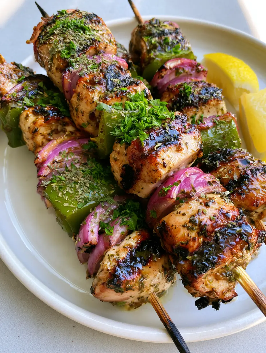 Overhead shot of grilled chicken skewers with green peppers and red onions. (Greek Marinated Chicken Kabobs)