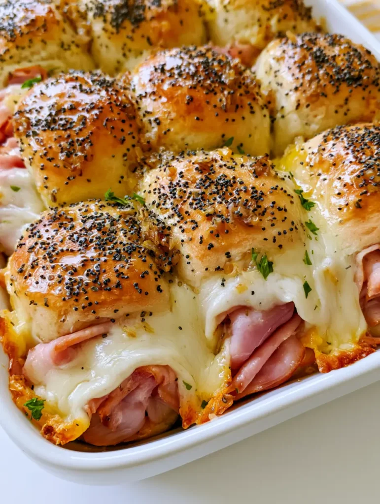 Melted Swiss cheese draped over folded pink deli ham in a white baking dish.