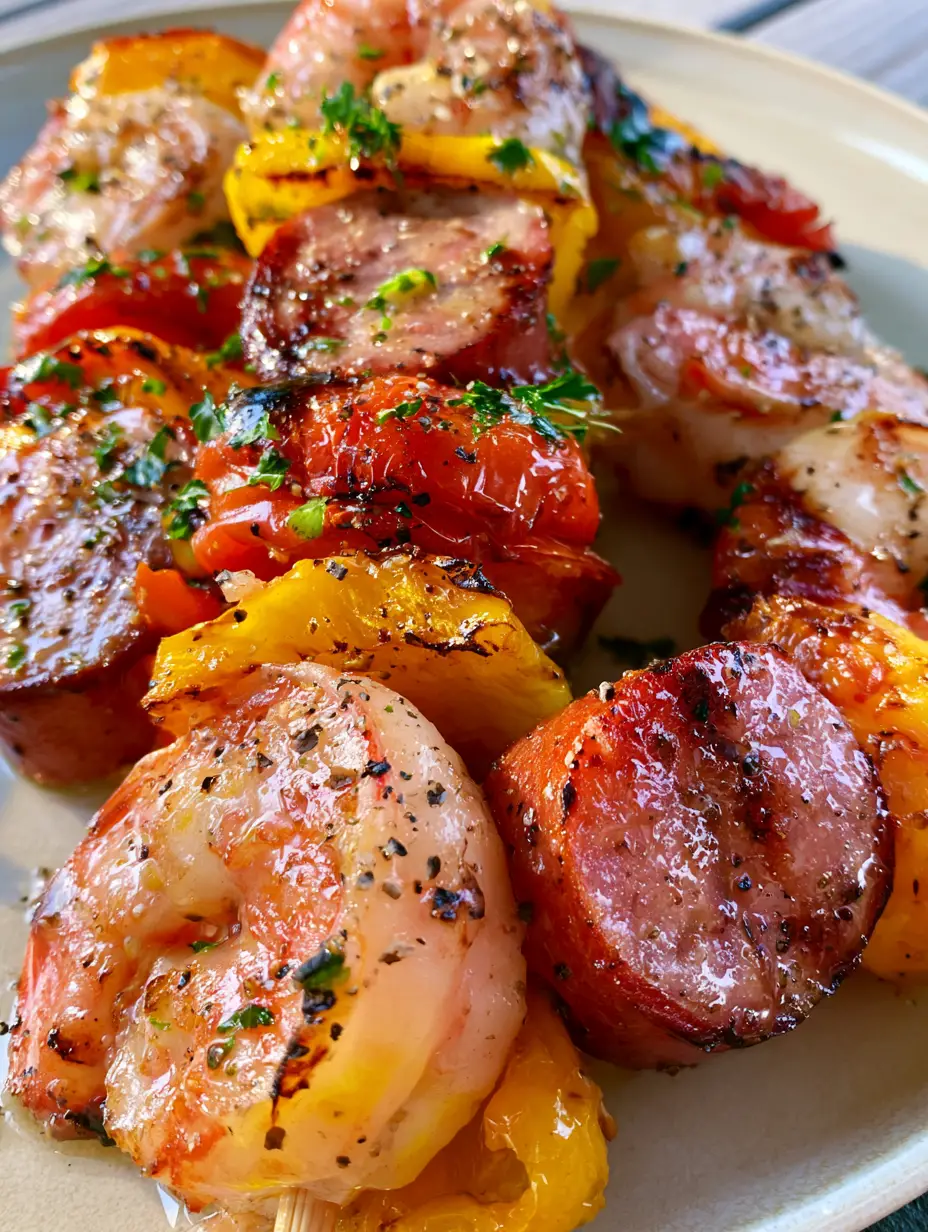 Grilled Shrimp and Sausage Skewers with Blistered Peppers and Herb Glaze 4 A handheld smartphone photo showing three Grilled Shrimp and Sausage Skewers with dark grill marks and blistered peppers under natural morning light. (Grilled Shrimp and Sausage Skewers)