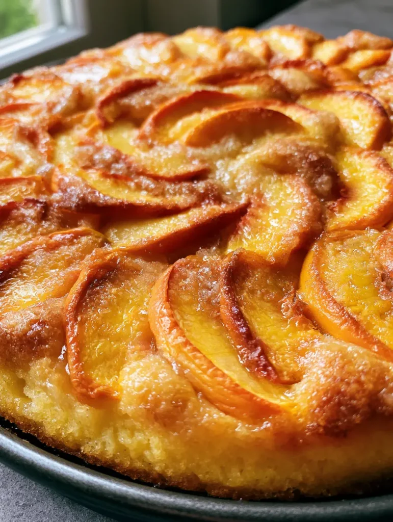 Fresh Peach Cake: A Rustic Summer Masterpiece with Golden Crumbs and Sliced Stone Fruit 1 A top-down view of the Fresh Peach Cake in a dark round dish, highlighting the rustic golden-brown edges and sugar dusting.