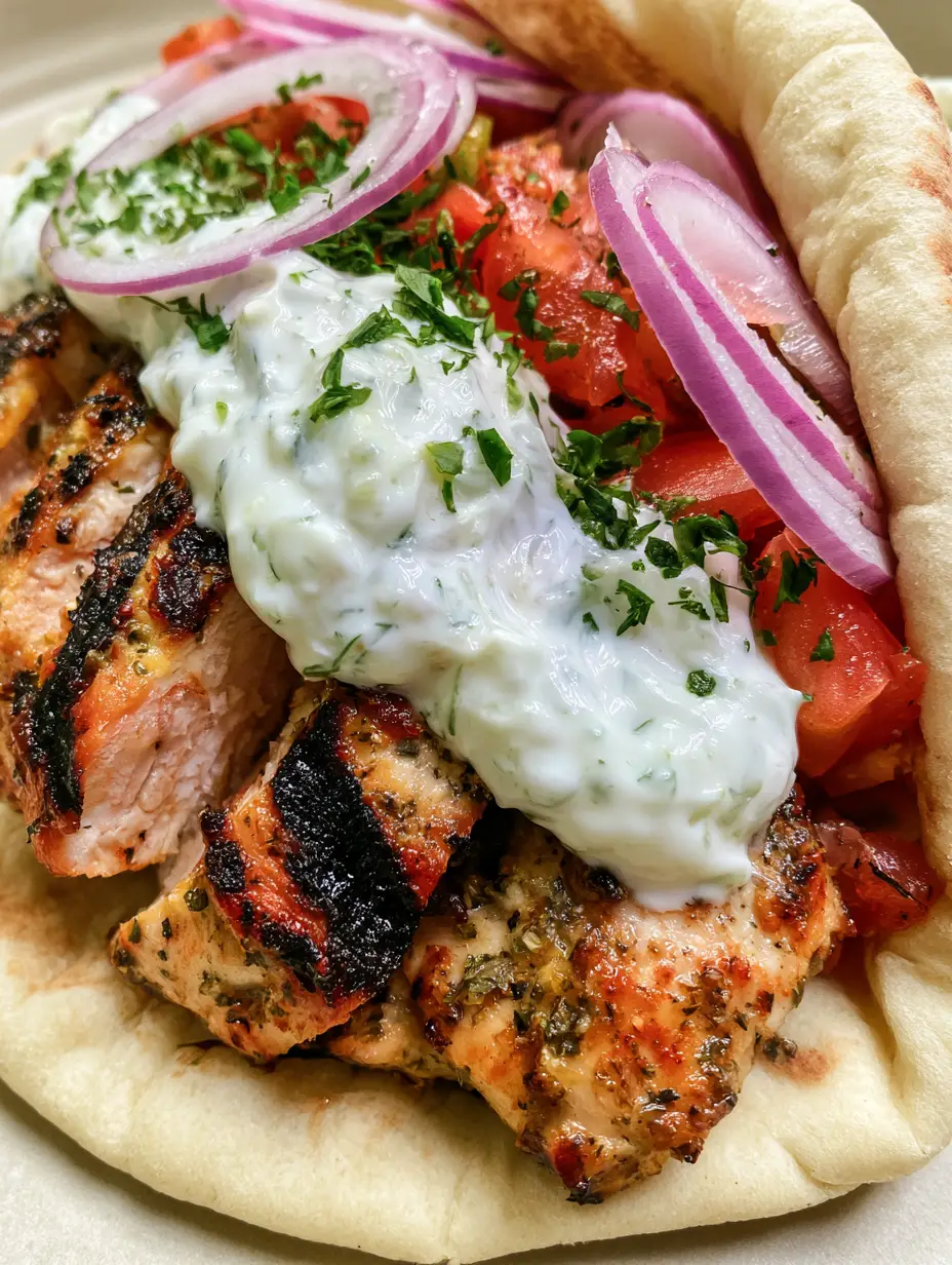Close-up of Greek Chicken Gyros showing juicy grilled chicken breast with dark charred edges and thick white tzatziki sauce. (Greek Chicken Gyros)