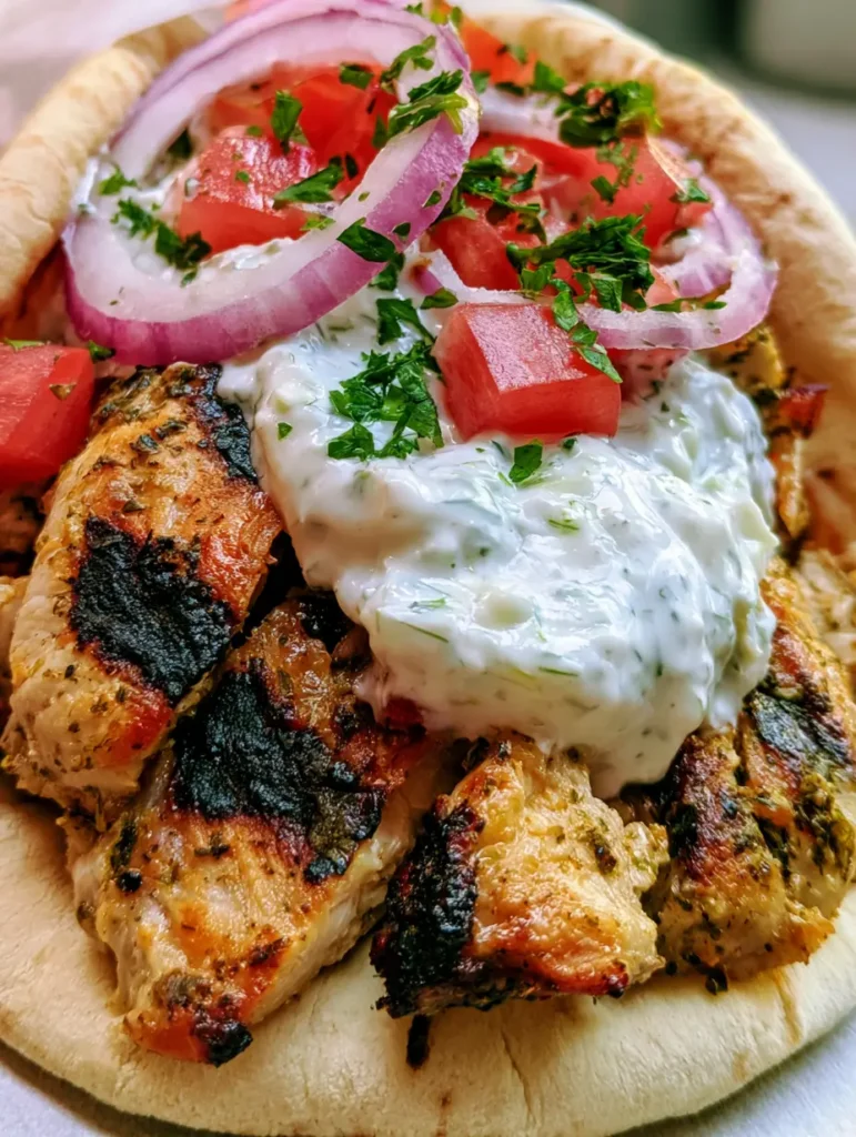 A smartphone photo of a Greek Chicken Gyro wrap held in hand, featuring fresh red onions, diced tomatoes, and green parsley garnish.