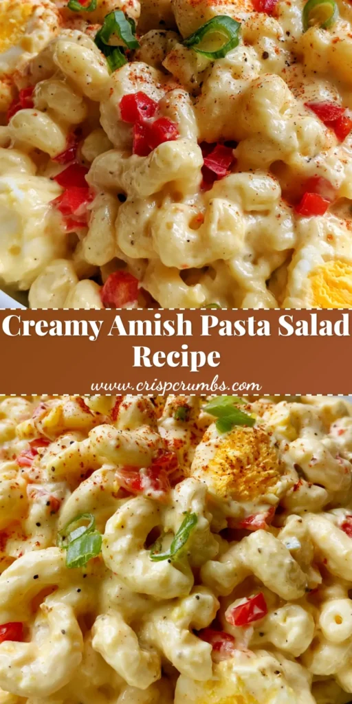 Amish Pasta Salad: The Ultimate Creamy Pennsylvania Dutch Classic 4 A top-down view of creamy Amish Pasta Salad in a white bowl with red bell peppers and egg chunks. (Amish Pasta Salad)