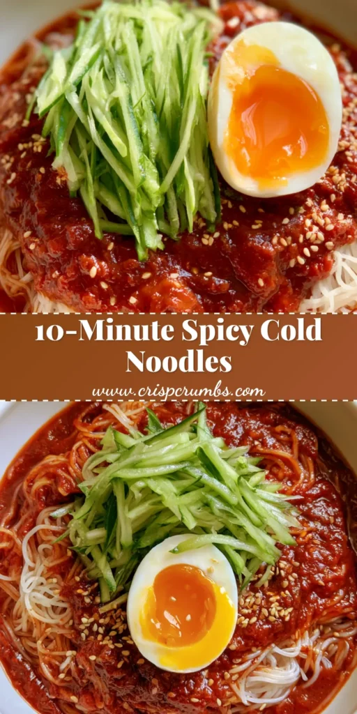 A minimalist white ceramic bowl filled with Bibim Guksu: thin somyeon noodles coated in glossy red gochujang sauce, topped with julienned cucumber and a jammy soft-boiled egg.