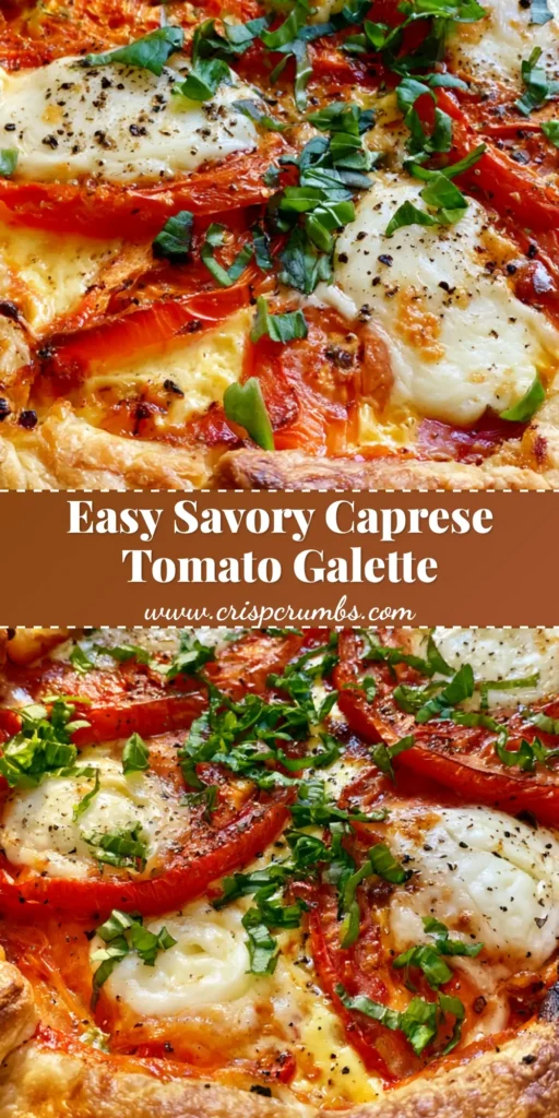 A rustic Caprese Galette with charred heirloom tomatoes, bubbling mozzarella, and fresh basil on a ceramic plate. (Caprese Galette)