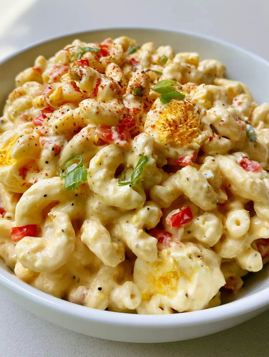 Amish Pasta Salad: The Ultimate Creamy Pennsylvania Dutch Classic 3 A medium shot of a white ceramic bowl filled with creamy Amish Pasta Salad featuring red peppers and sliced scallions. (Amish Pasta Salad)