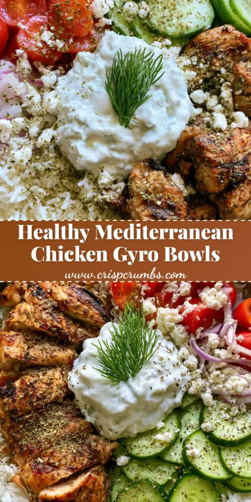 A high-angle photo of a Mediterranean chicken gyro bowl with grilled chicken, rice, tomatoes, cucumbers, and a dollop of tzatziki. (Chicken Gyro Bowls)