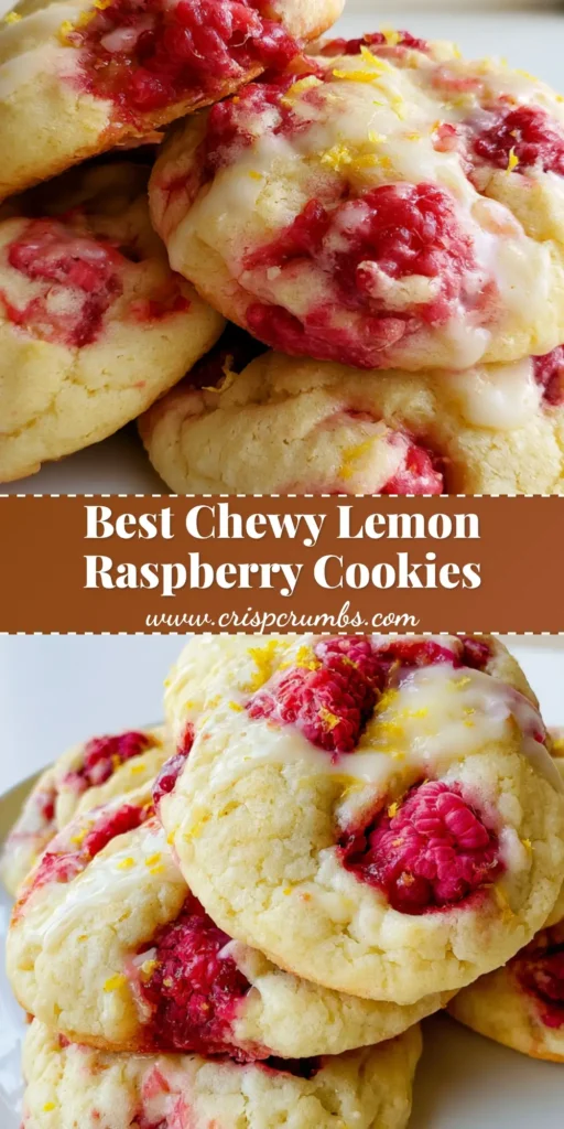 A stack of thick Lemon Raspberry Cookies on a white ceramic plate, featuring pink berry chunks and a translucent lemon glaze with fresh zest.