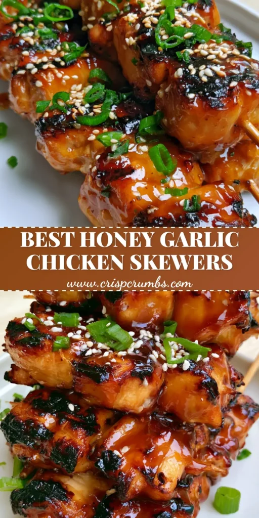 Honey Garlic Chicken Skewers: The Ultimate Recipe for Sticky, Charred Perfection 4 A stack of three Honey Garlic Chicken Skewers on a white plate, featuring charred grill marks and a glossy amber glaze with sesame seeds.