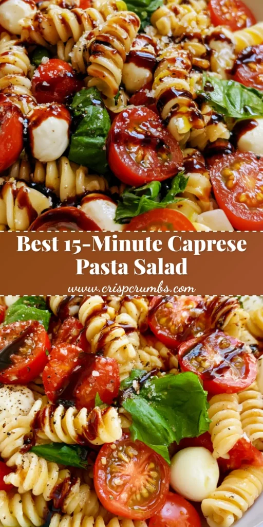 The Ultimate 15-Minute Caprese Pasta Salad for Summer Gatherings 3 A top-down view of a Caprese Pasta Salad in a white bowl featuring rotini pasta, cherry tomatoes, mozzarella pearls, and a balsamic glaze drizzle.