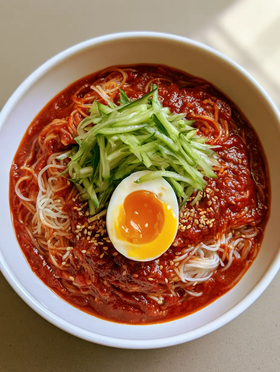 Smartphone photo of Bibim Guksu in a white bowl featuring vibrant red sauce and a bright orange liquid egg yolk.