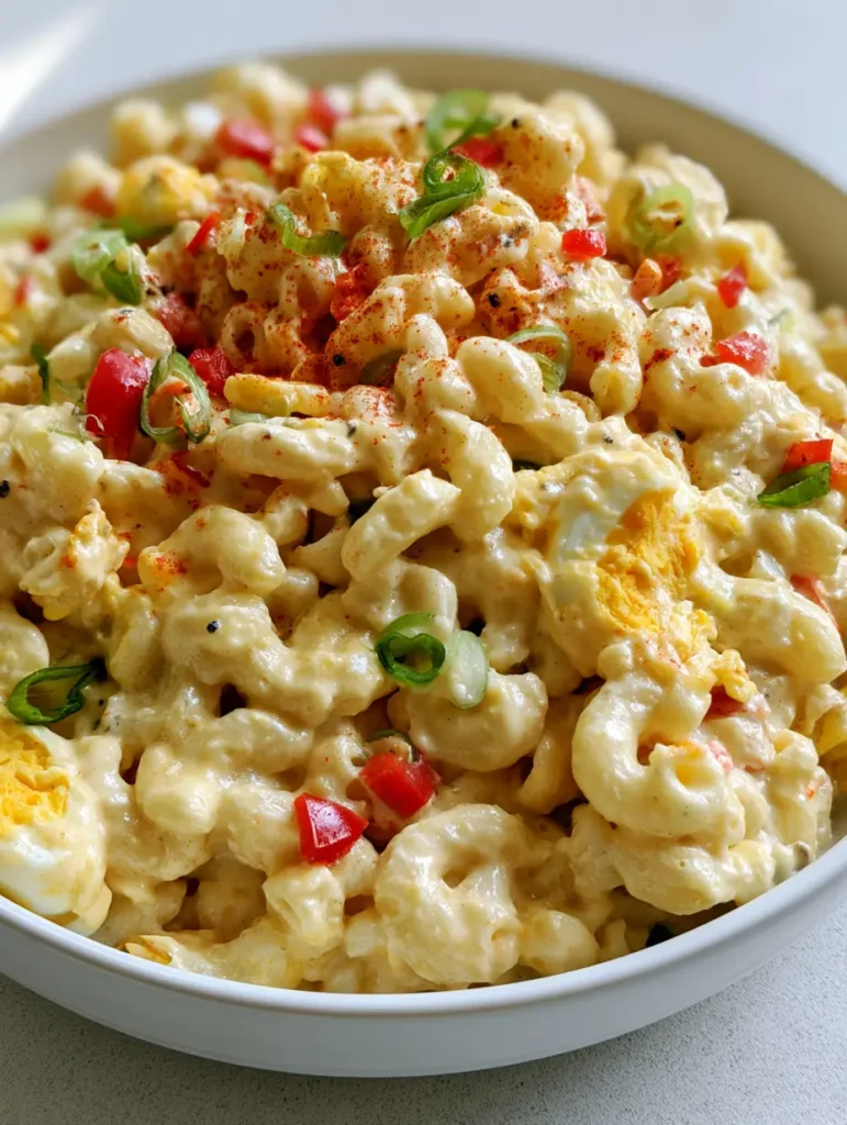 Amish Pasta Salad: The Ultimate Creamy Pennsylvania Dutch Classic 1 Close up shot of Amish Pasta Salad with large egg chunks and a light dusting of paprika on a light gray surface.