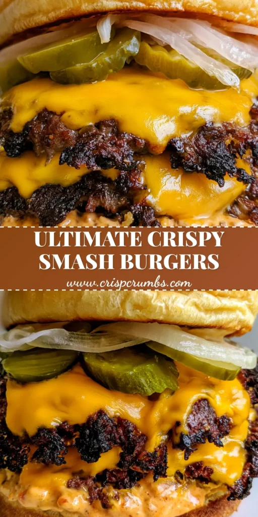 A professional close-up of a double smash burger with lacy charred edges, melted yellow cheese, and orange sauce on a glossy brioche bun. (Smash Burger)