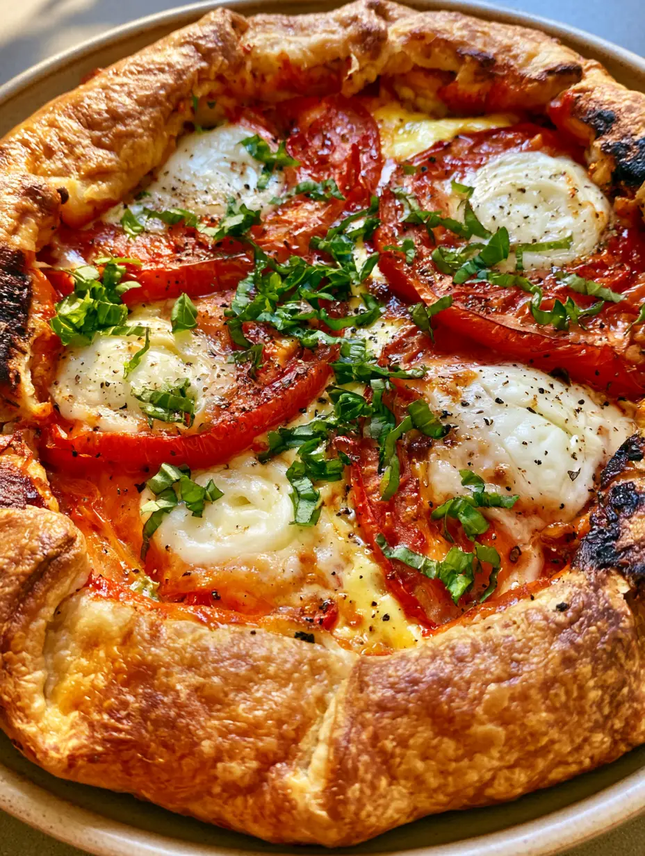 Close up of a thick golden-brown flaky pastry crust with overlapping roasted tomatoes and melted mozzarella. (Caprese Galette)