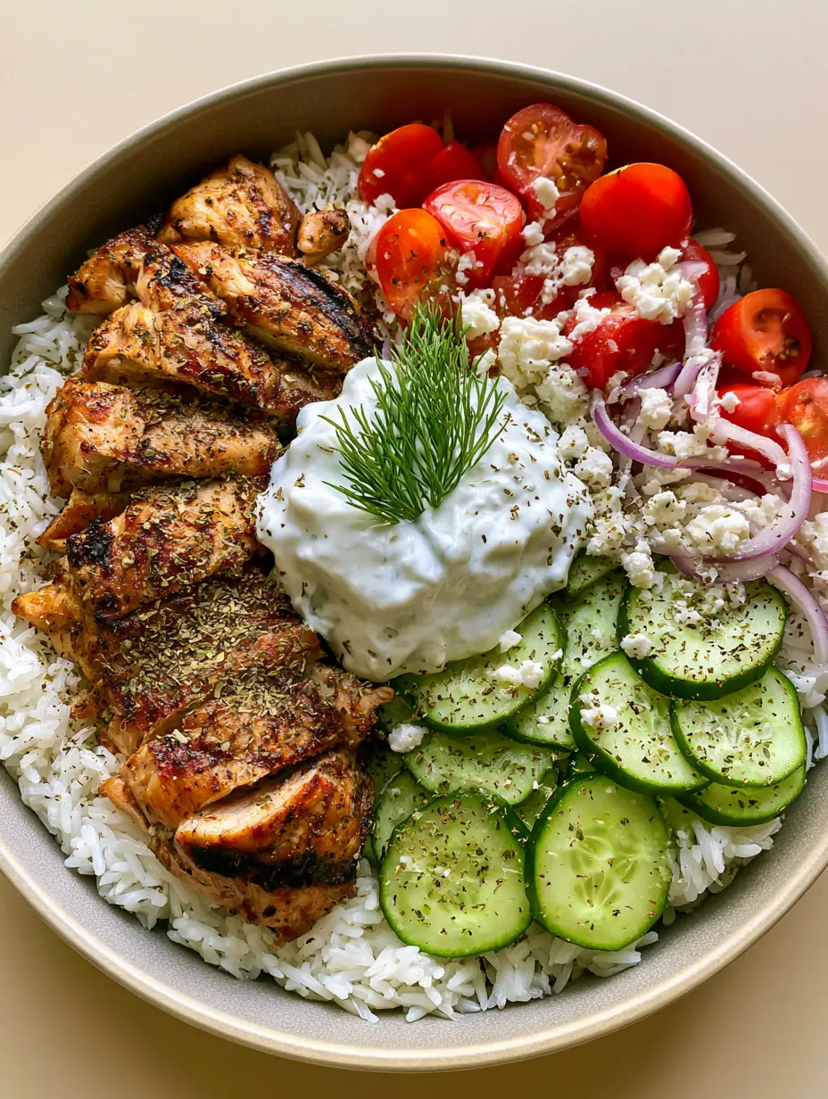 Close up view of charred Mediterranean chicken and fresh vegetables in a matte ceramic bowl. (Chicken Gyro Bowls)