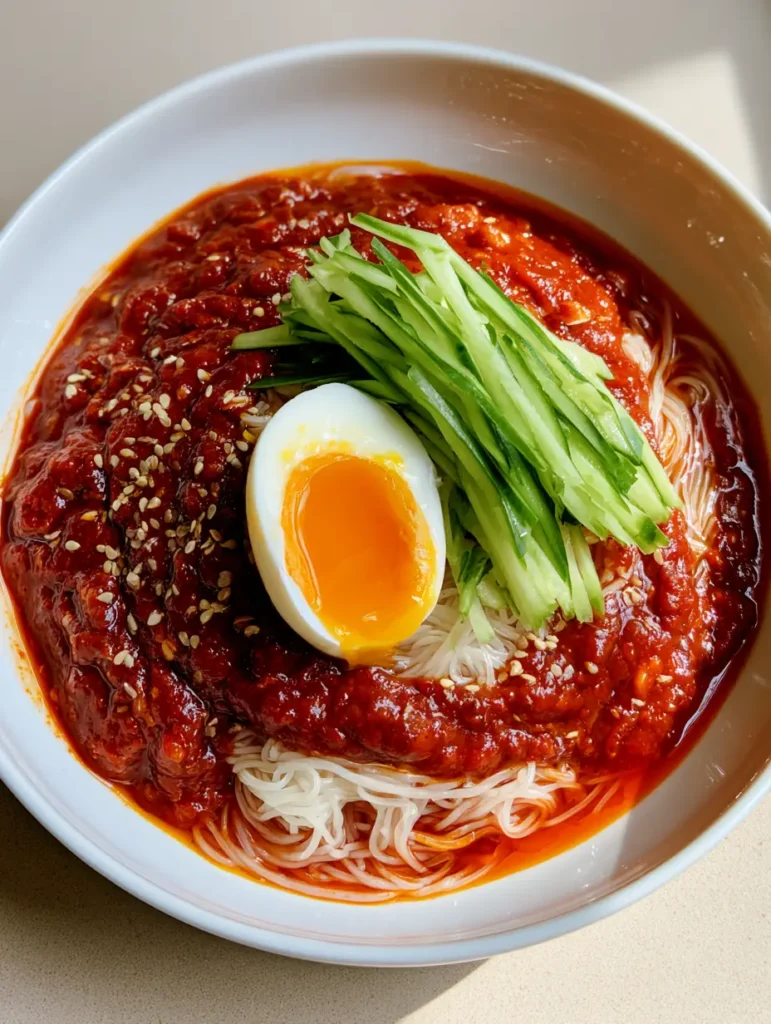 A close-up of Bibim Guksu showing the thin wheat noodles and the scattered toasted white sesame seeds on a jammy egg.