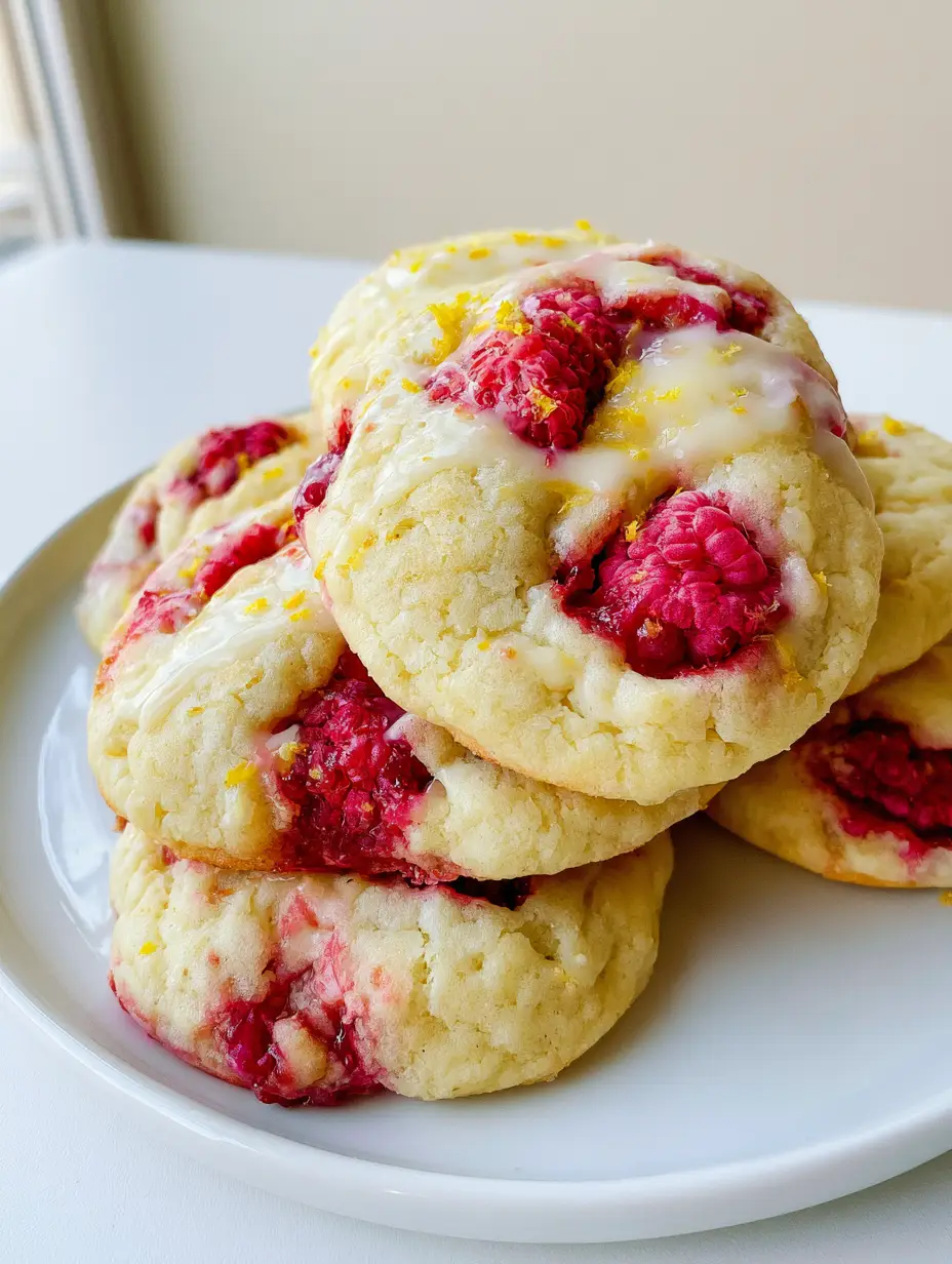 Close-up of thick, soft-baked Lemon Raspberry Cookies with crackled texture and bright pink raspberry stains.