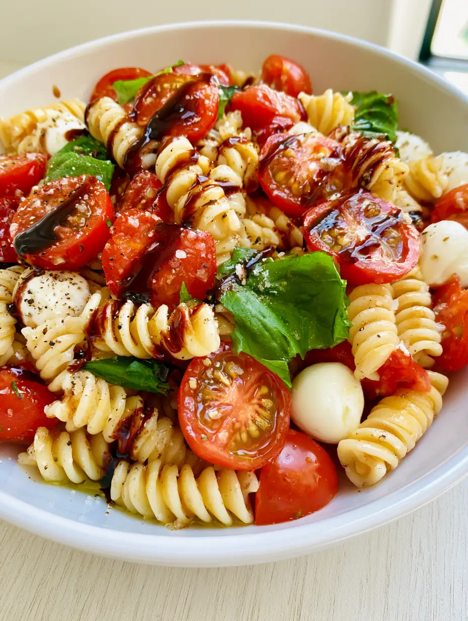 The Ultimate 15-Minute Caprese Pasta Salad for Summer Gatherings 4 Smartphone photo of a fresh Caprese Pasta Salad in a shallow white bowl with al dente rotini and vibrant basil leaves.