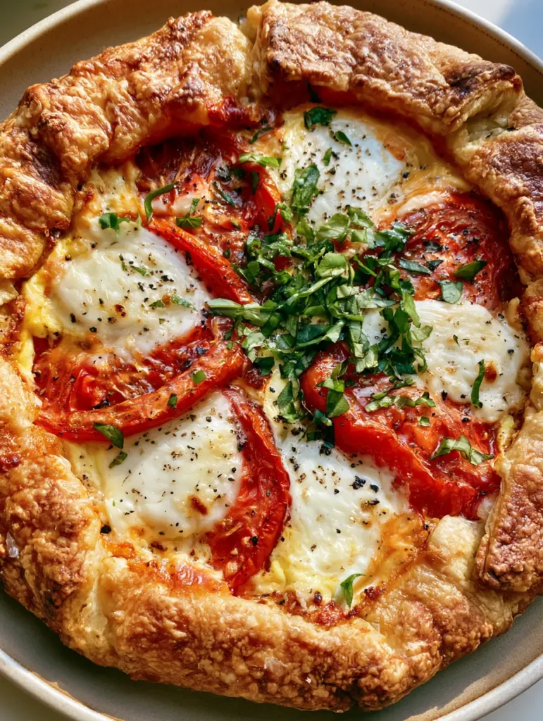 Top down view of a rustic savory galette with fresh green basil leaves and cracked black pepper.