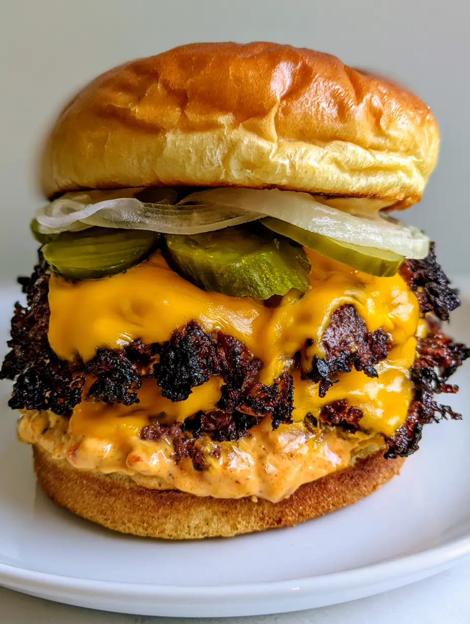A handheld smartphone photo of a double smash burger on a white plate, showing the creamy orange sauce and melted cheese. (Smash Burger)