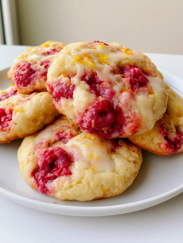 Several Lemon Raspberry Cookies stacked on a white plate with translucent white drizzle and yellow lemon zest specks.