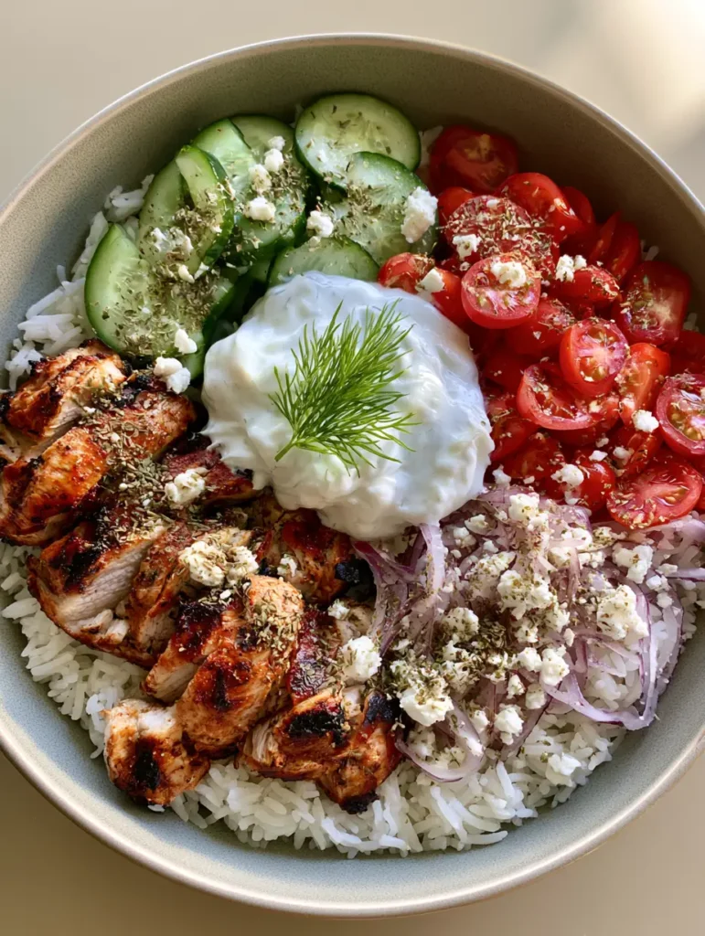 Overview of a completed Mediterranean meal prep bowl with fluffy rice and tzatziki.