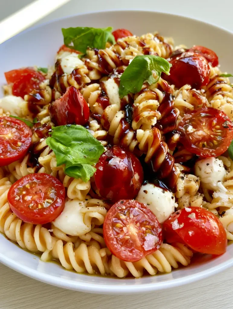 The Ultimate 15-Minute Caprese Pasta Salad for Summer Gatherings 1 Close-up of rotini pasta coated in olive oil with mozzarella pearls and dark balsamic glaze lines in a Caprese Pasta Salad.