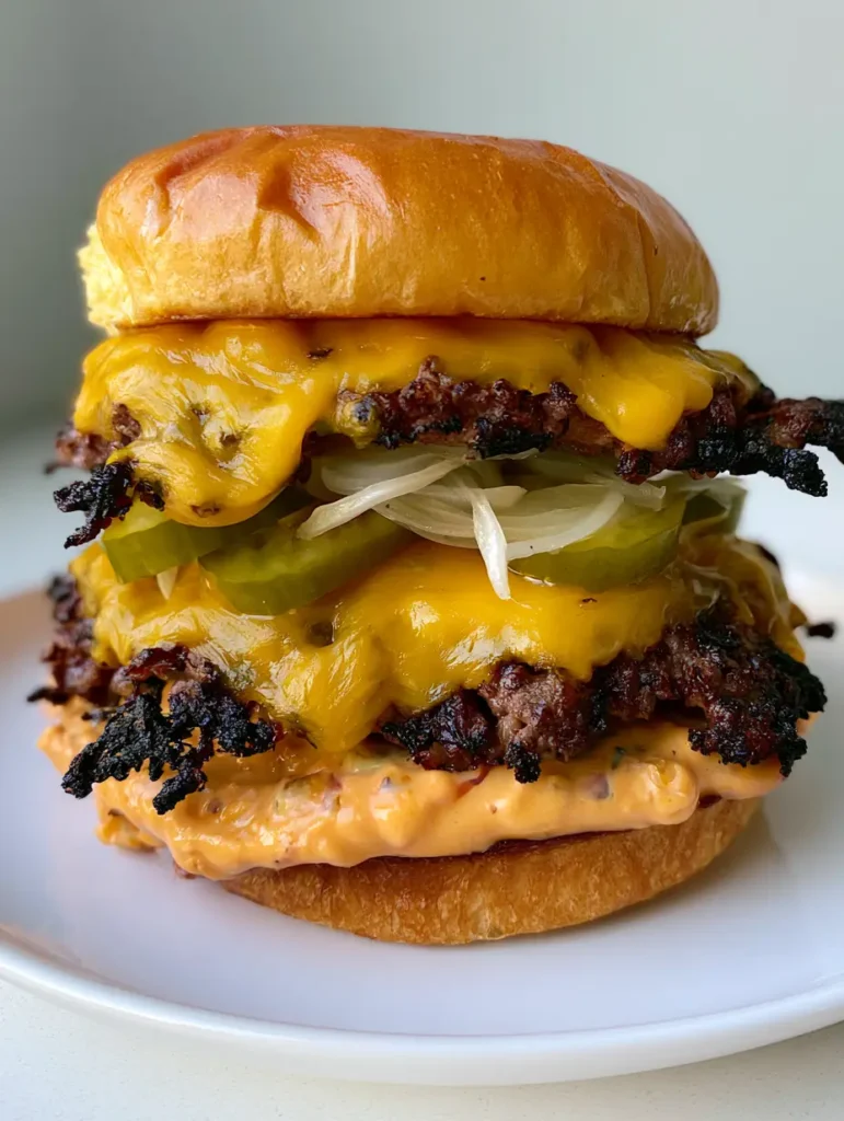 Detailed shot of smash burger patties with jagged crispy edges and translucent white onions under yellow cheese. (Smash Burger)