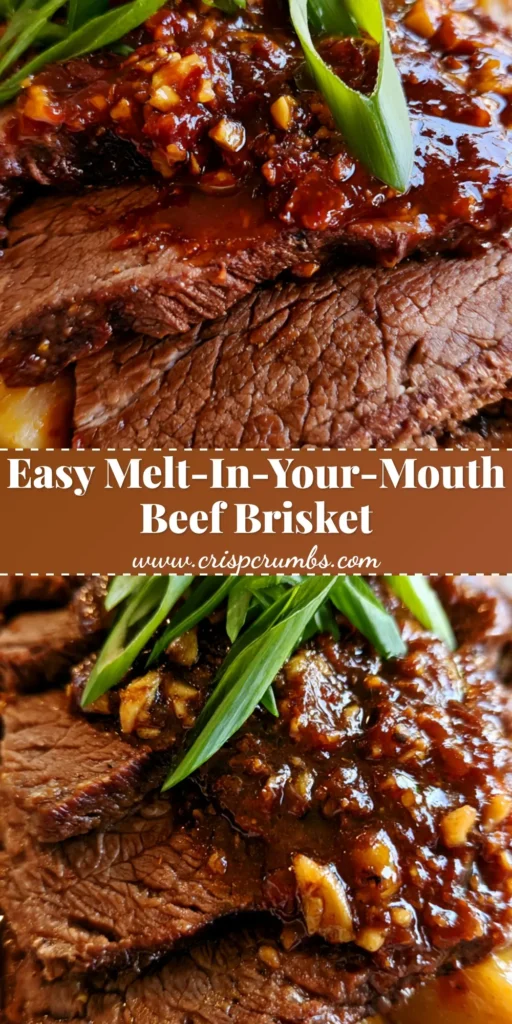 Thick slices of Slow Cooker Beef Brisket with mahogany glaze and golden potatoes on a white platter.