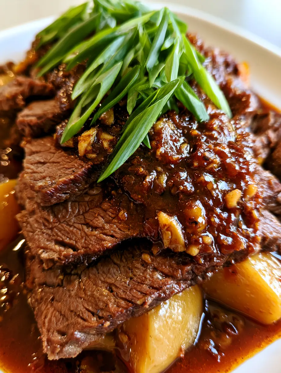 Close-up side view of thick-cut slices of slow-cooked beef brisket in a dark mahogany sauce. (Slow Cooker Beef Brisket)