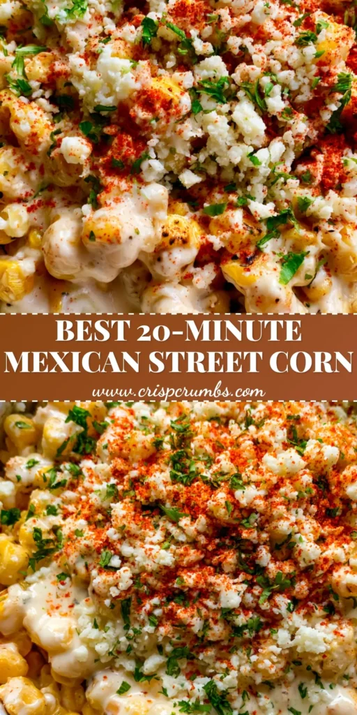 A vibrant top-down shot of Mexican Street Corn salad in a rustic bowl with charred kernels, white crema, red chili powder, and green cilantro. (Mexican Street Corn)