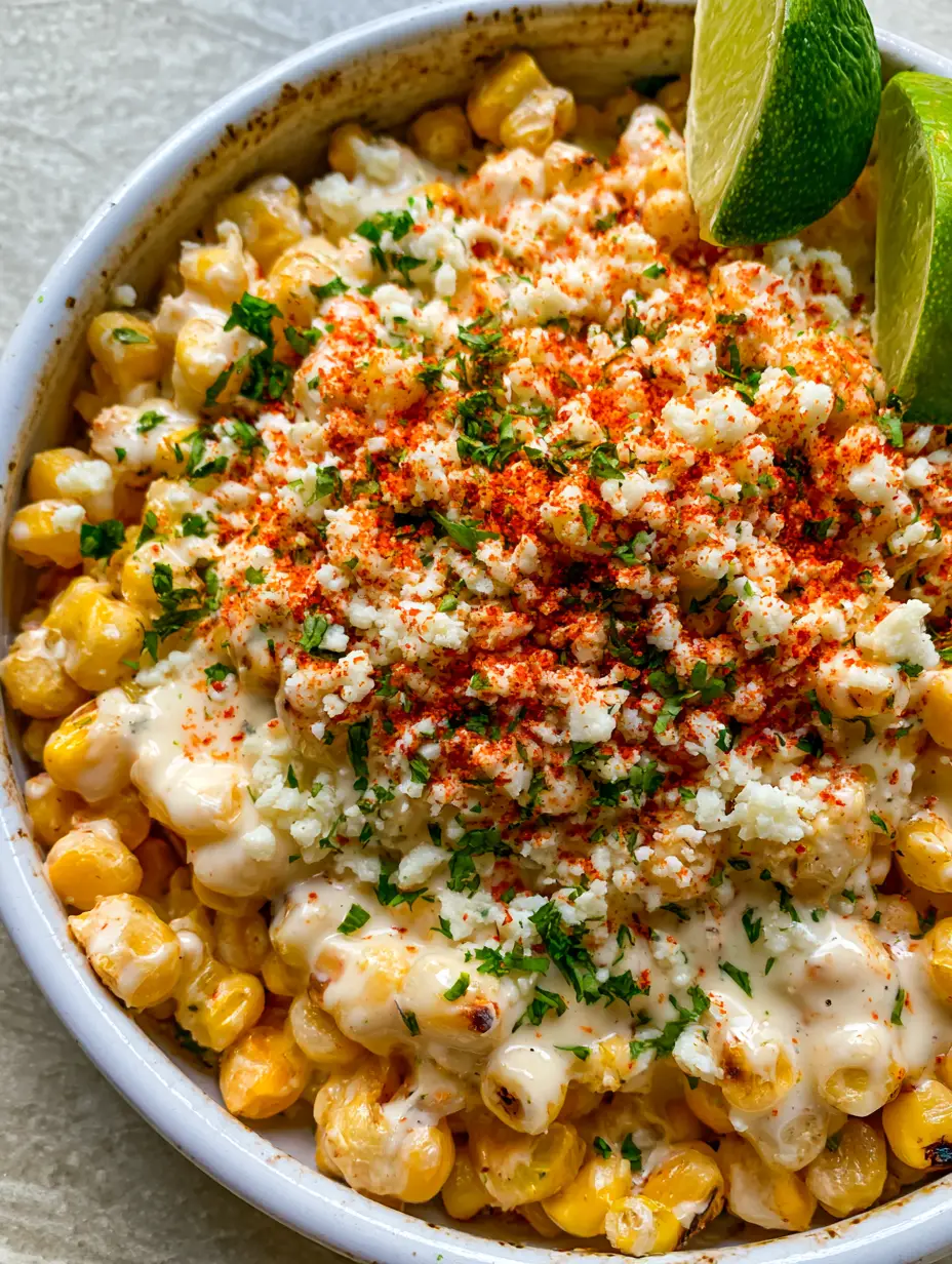 Close-up of charred yellow corn kernels coated in glossy Mexican crema sauce in a white bowl. (Mexican Street Corn)
