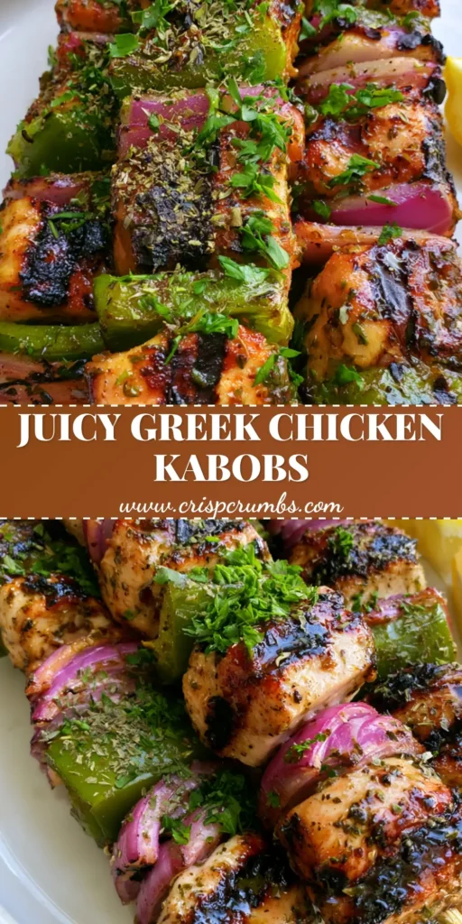 Close-up of three Greek Marinated Chicken Kabobs on a white plate with charred vegetables and lemon wedges.