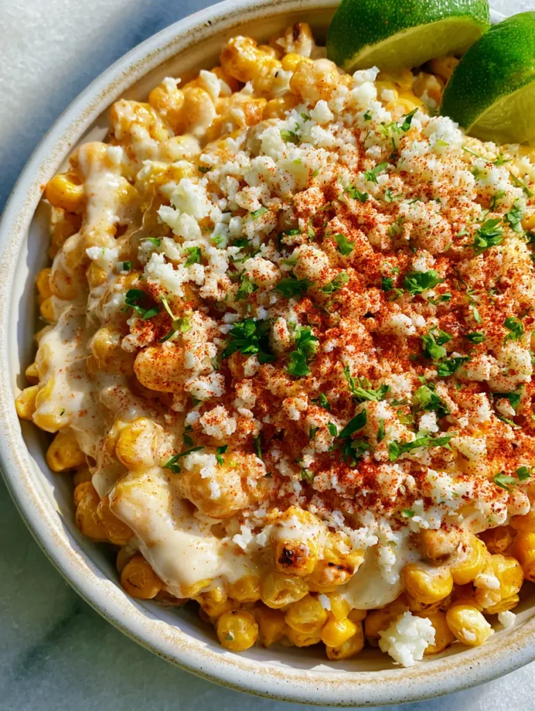 Top-down shot of Mexican Street Corn topped with Cotija cheese, red chili powder, and cilantro flakes with lime wedges.