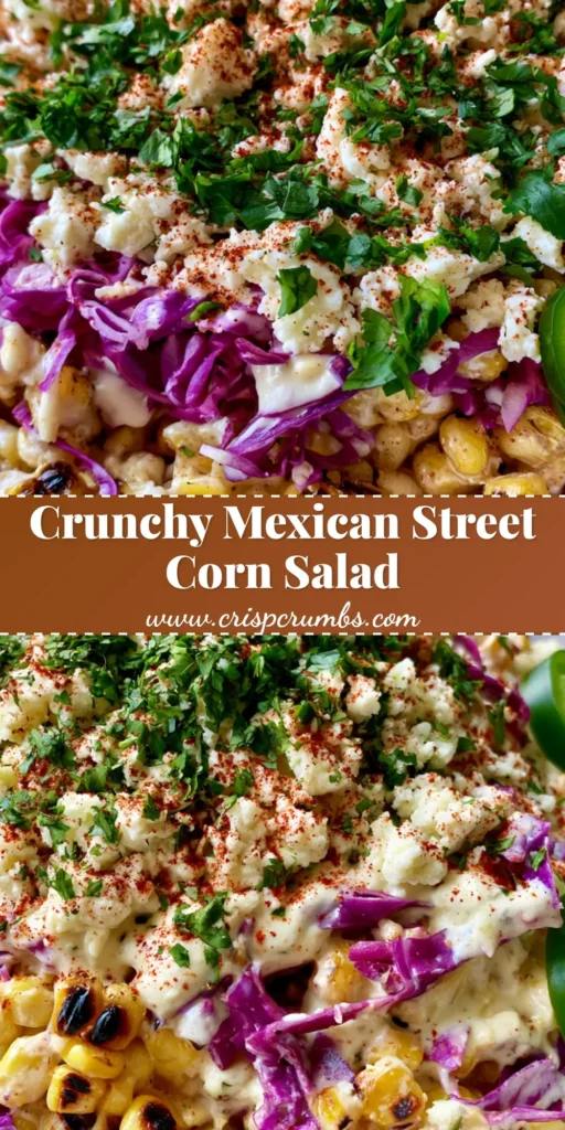 A top-down view of a Mexican Street Corn Salad bowl featuring charred corn kernels, purple cabbage, and a dusting of red chili powder.